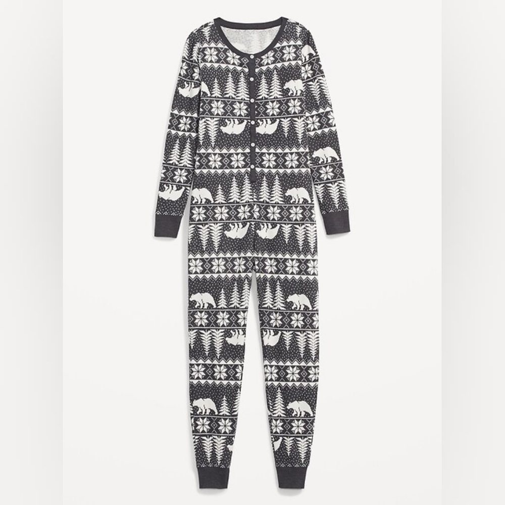 Matching Printed Thermal-Knit One-Piece Pajamas